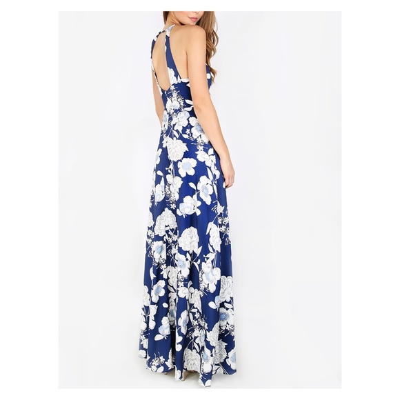 Blue White Floral Halter Neck Maxi Dress - Picture 3 of 5